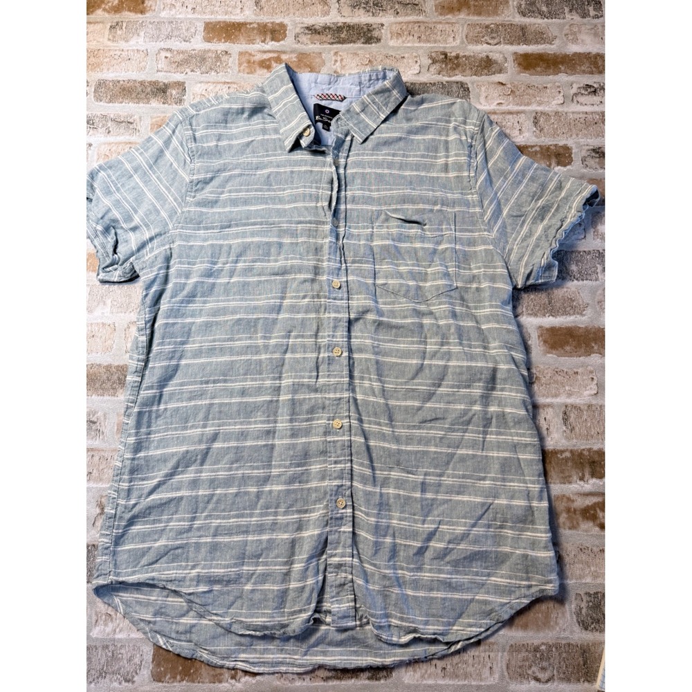 Ben Sherman Mens XL Blue White Striped Linen Blend Short Sleeve Button Down